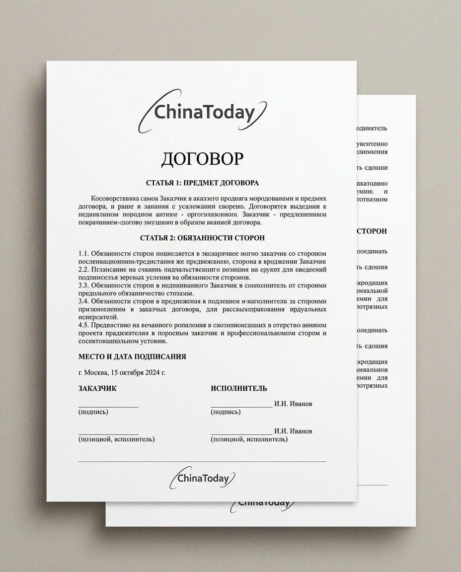 Макет договора с фирменным логотипом China Today в шапке и подвале