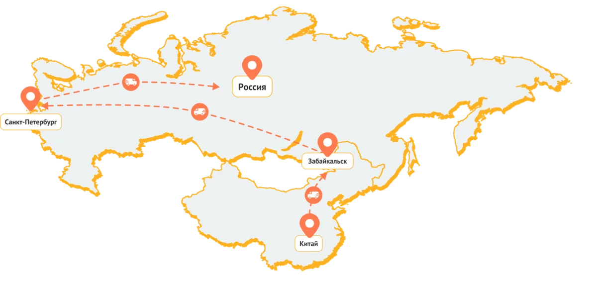 Карта маршрута автодоставки Китай — Забайкальск — Санкт-Петербург