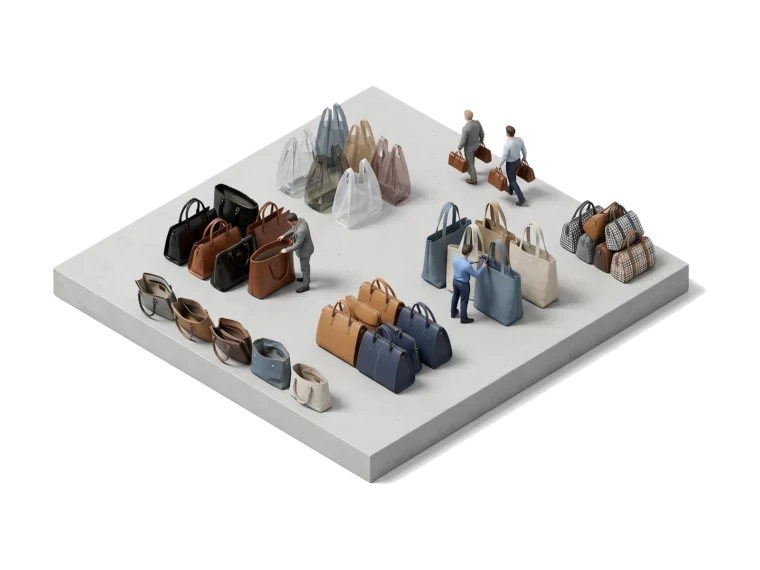 Сумки оптом из Китая от производителя из кожи, дерматина, пластика и ткани разложены на полу склада в Маньчжурии для проверки качества.