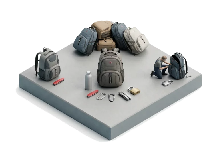 Продажа рюкзаков SwissGear: рюкзак с пятью подарками, бракованный рюкзак с неисправным замком и стопка возвратов