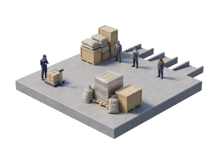 Миниатюрный грузовой двор с тремя весовыми партиями груза и работниками у рамп для расчёта стоимости доставки груза из Китая