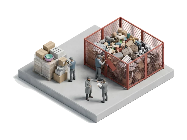 Конфискация на таможне: красный сетчатый бокс с поддельными сумками и товарами без сертификации, рядом проверка груза.