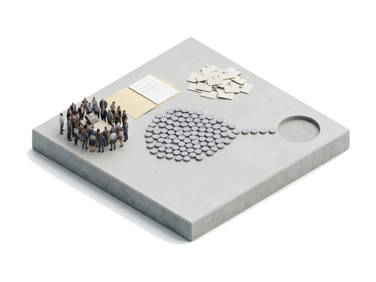 Диорама с тридцатью фигурками у телефона, воронкой из 62 лидов и партнёрскими бейджами для статьи о тестировании идей ChinaToday