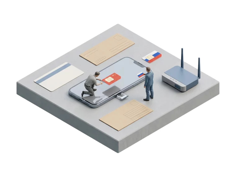 Регистрация на Таобао: китайская сим-карта над слотом смартфона, банковская карта, адресная накладная и VPN-роутер на серой плите.
