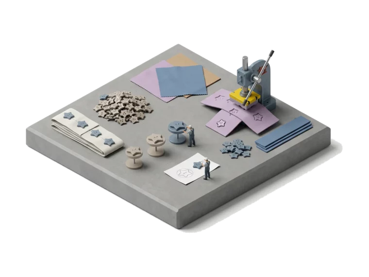 Производство аппликаторов Кузнецова: три 3D-модели кнопок, пресс-форма и хлопковые образцы сиреневого и голубого цветов