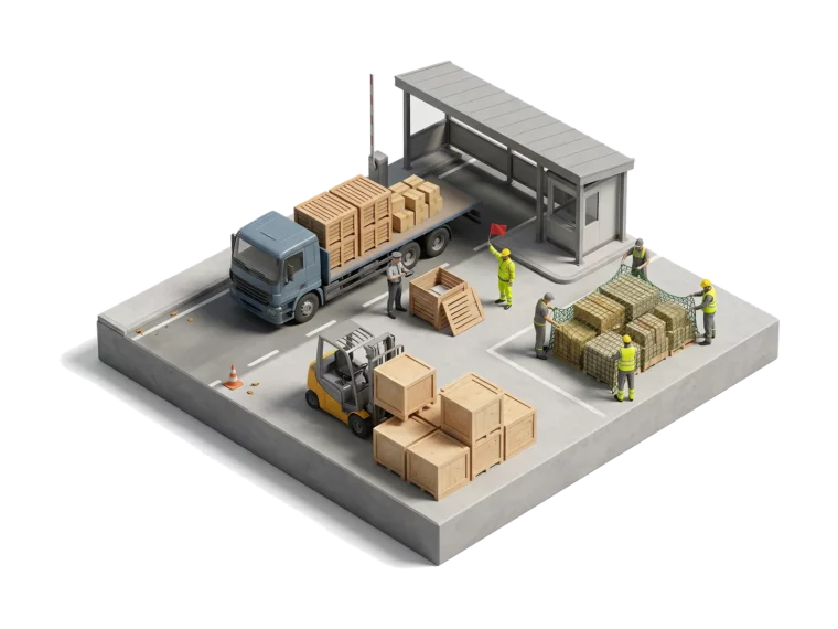 Миниатюрный погранпереход Китай–Киргизия: грузовик с деревянными ящиками проходит таможенный досмотр, вокруг опломбированные ящики