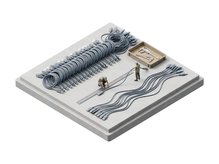 Партия USB-кабелей разной длины разложена на сером постаменте и проверяется линейкой и штангенциркулем: брак от поставщика