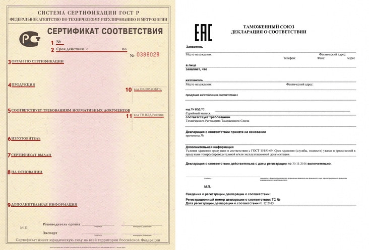 Образцы сертификата и декларации соответствия