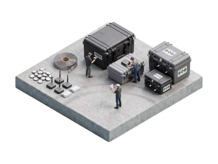 Миниатюра транспортной логистики: рабочие проверяют грузовые боксы с GPS-трекером, RFID-меткой и датчиком температуры на серой плите