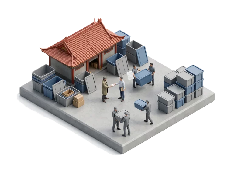 открытый двор китайской фабрики с партией коробок для хранения и оплатой через Торговый дом ChinaToday под свой контракт
